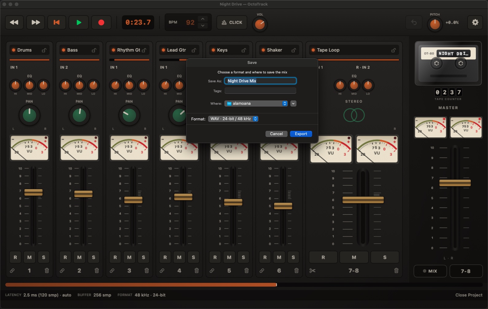 The Export Mix save panel over the console, with the format picker set to WAV 24-bit / 48 kHz and an Export button.