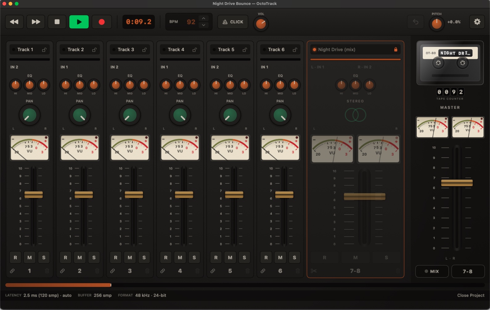 The console after a ping-pong: tracks 1–6 empty and ready, and the whole mix printed on the locked 7-8 stereo pair, its padlock closed and activity bar full.